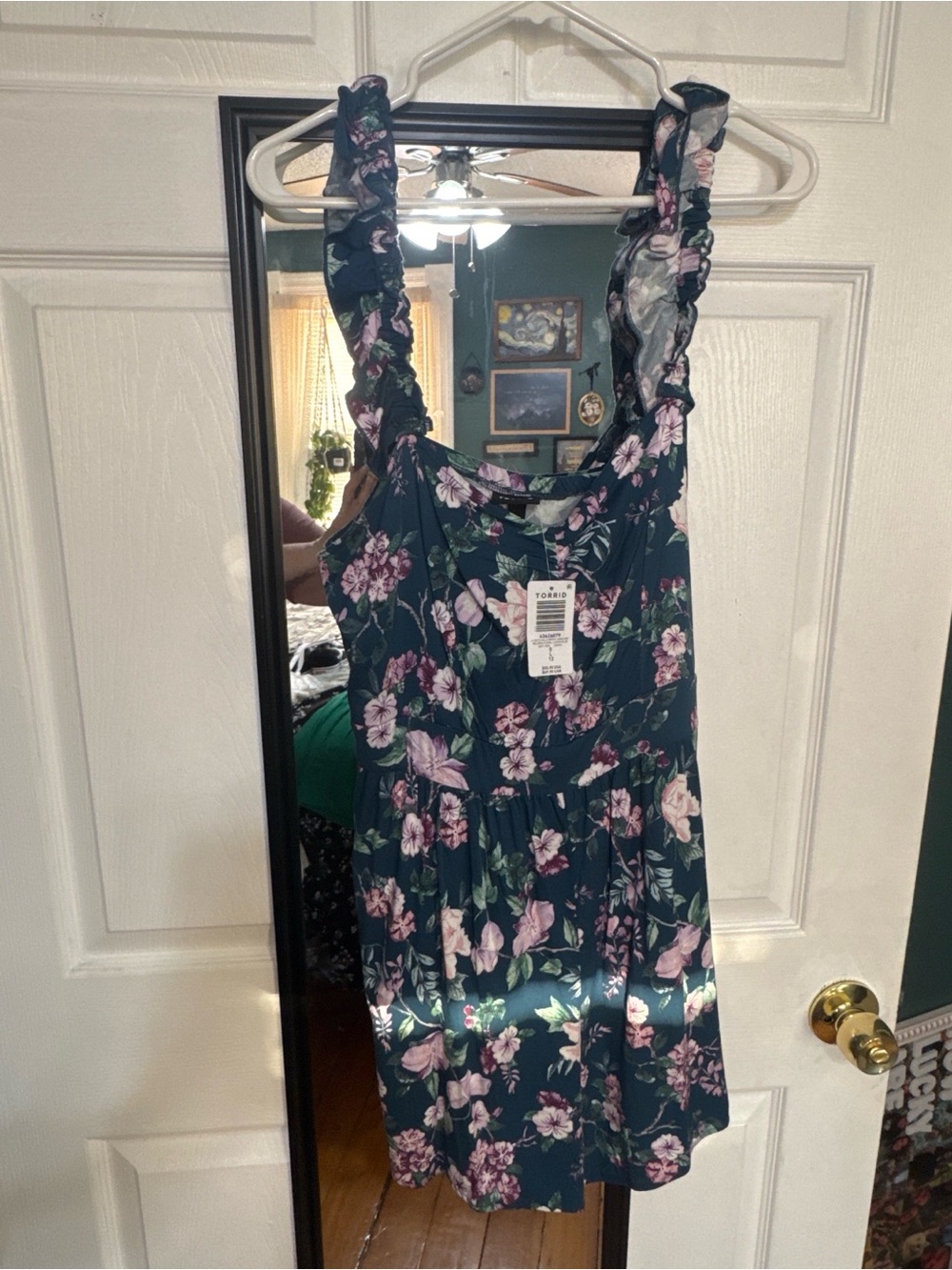 Floral Ruffle Strap Romper - Teal with Pink Flowers